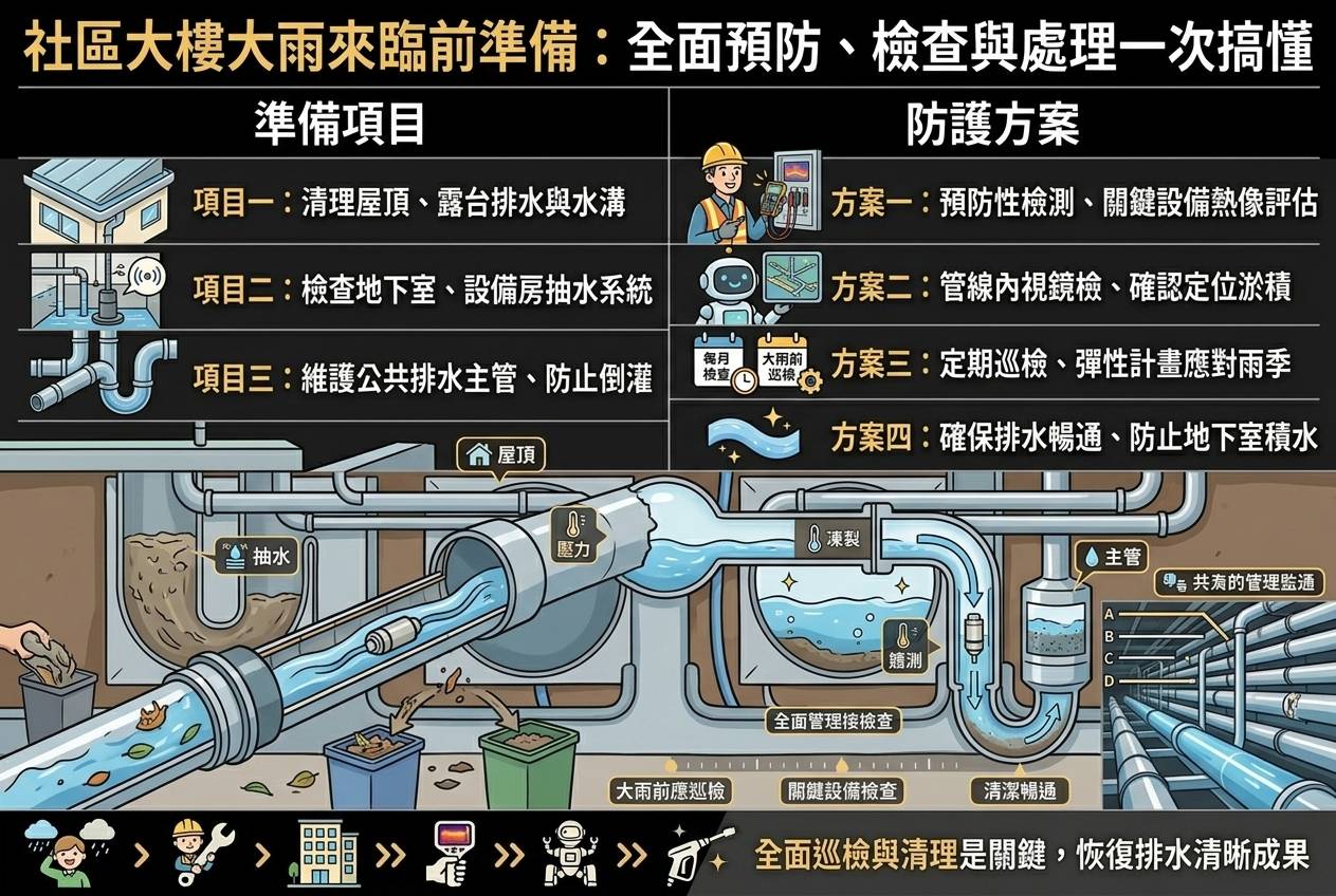 社區大樓大雨來臨前的準備｜排水管、水溝與地下室防淹水檢查重點